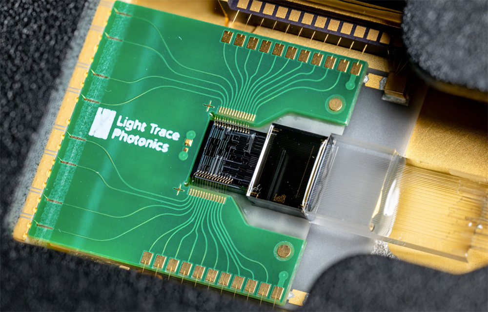 A photo of the core photonic chip that sits at the heart of Light Trace Photonics’ LightPort technology.